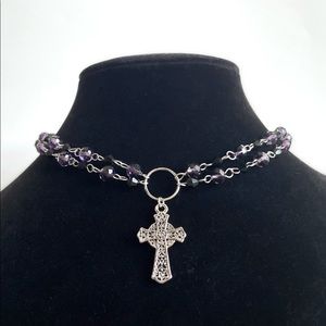 gothic cross O-ring choker with black and dark purple faceted beads handmade